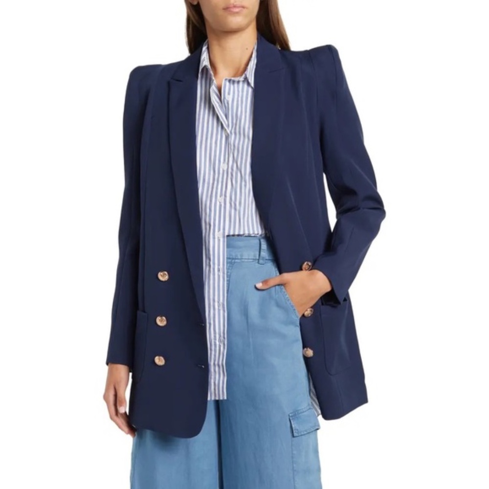 NWT Walter Baker Boss Double Breasted Peak Lapel Blazer Navy Gold Buttons Blue